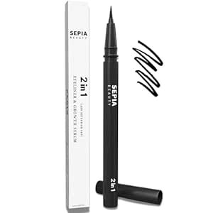 Sepia Beauty 2-in-1 Liquid Eyeliner With Eyelash Growth Serum Safe for Eyelash Extensions, Lash Lifts, and Natural Lashes - Water Based with Peptides, No Parabens, No Sulfates (Black)